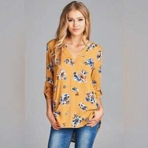 Staccato mustard yellow vneck floral top size small